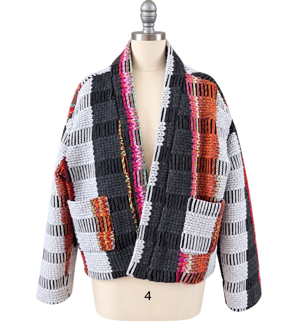 Taelynn Cardigan Jacket L Multicolor Check Textured Knit Shawl Collar Boho